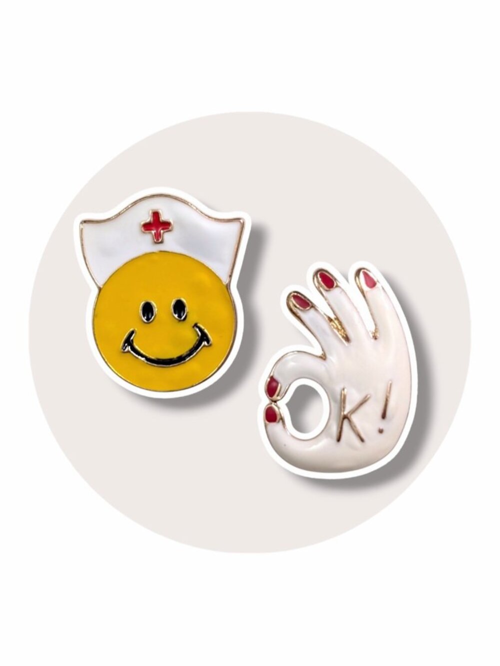 Pop Culture Enamel Pins: Happy Nurse and OK Hand Sign